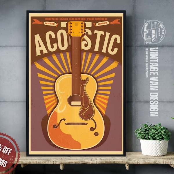 Retro Guitar Advertisement Print I Vintage Rock and Roll Music Poster I Printable Acoustic Guitar wall art - Nostalgic Digital Download