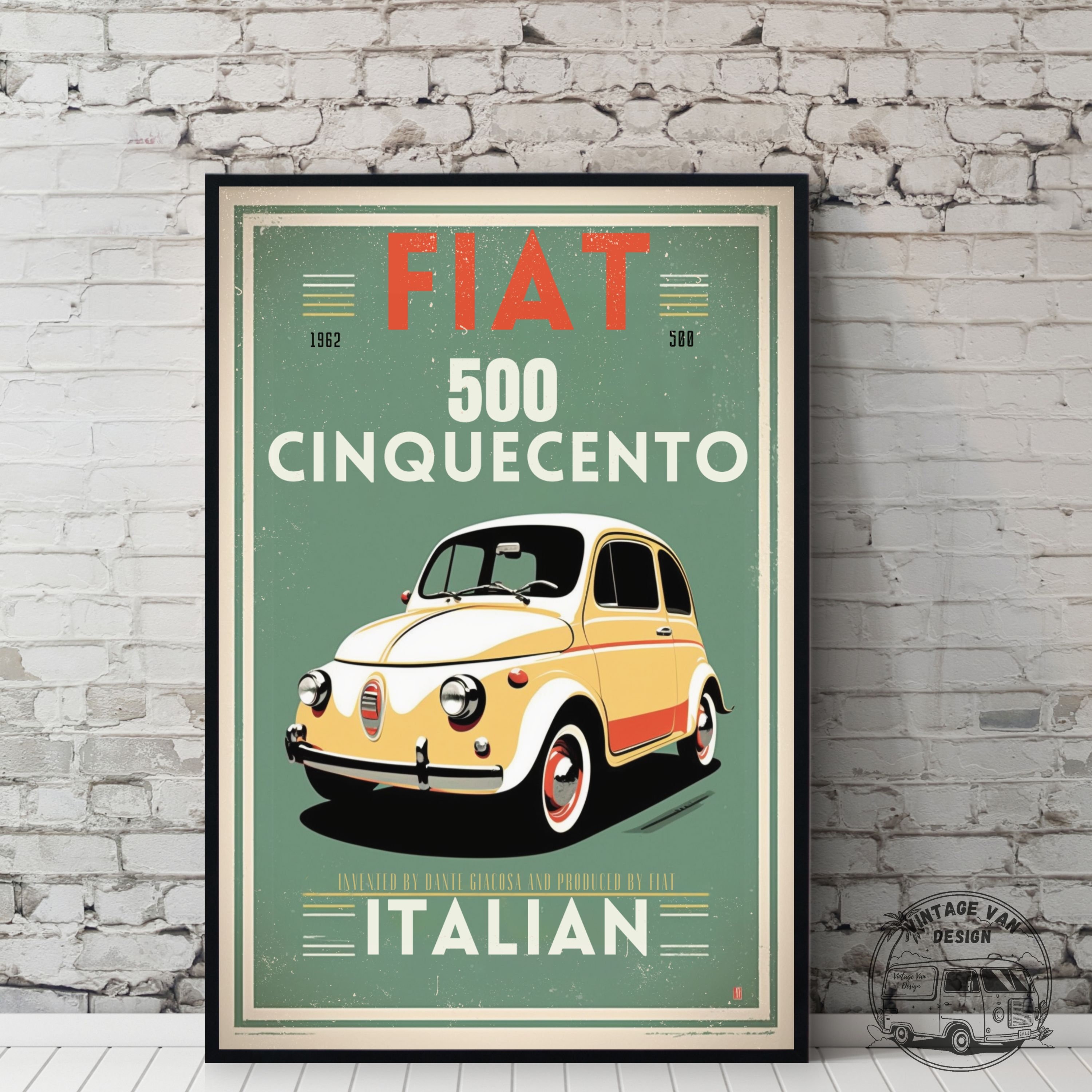 Fiat 500 Vintage Travel Poster: Retro Italian Car Art (digital