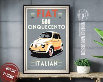 Könnte beinhalten: Ein Vintage-Poster mit einem gelben Fiat 500 Cinquecento und dem Text "FIAT 500 CINQUECENTO ITALIAN" auf blauem Hintergrund.