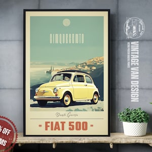 May include: A vintage poster featuring a yellow Fiat 500 car with a black roof, set against a scenic backdrop of a coastal town. The poster has a retro design with the text "Cinquecento" and "Dante Graceza - FIAT 500 -" in a vintage font.