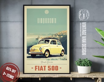 Könnte beinhalten: Ein Vintage-Poster mit einem gelben Fiat 500 mit schwarzem Dach vor einer malerischen Kulisse einer Küstenstadt. Das Poster hat ein Retro-Design mit dem Text "Cinquecento" und "Dante Graceza - FIAT 500 -" in einer Vintage-Schrift.