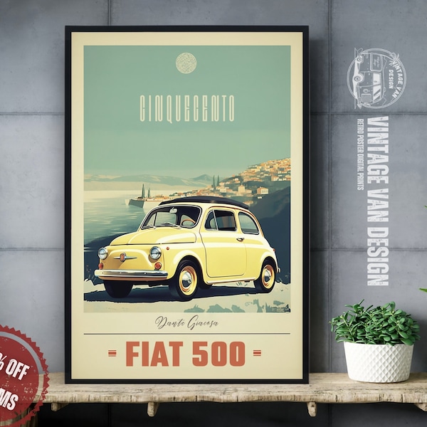 Fiat 500 Vintage Advertisement Poster Retro Italian Travel Digital Art Printable Instant Download Home Decor Bar Italy  Nostalgic Car Print