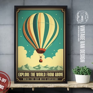 Retro Hot Air Balloon Travel Poster: Vintage Aviation Print (Digital Download)