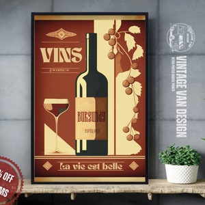 Vintage Wein Werbeplakat I Retro Glas Wein Digital Art Print I Flasche Wein Küchen Dekoration und Wandkunst - Digitale druckbare Kunst