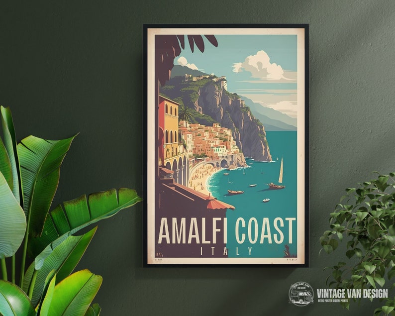 May include: A vintage travel poster featuring a colorful illustration of the Amalfi Coast in Italy. The poster has a blue, green, and white color scheme and features a view of the coastline with buildings, boats, and a beach.