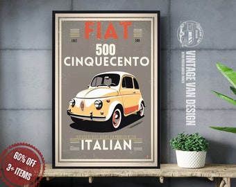 Könnte beinhalten: Ein Vintage-Poster mit einem gelben Fiat 500 Cinquecento und dem Text "FIAT 500 CINQUECENTO ITALIAN" im Retro-Stil.