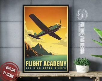May include: Vintage style poster featuring a green and white airplane flying over a mountain range with a sunset sky. The poster has the text "Flight Academy Fly High Dream Higher".