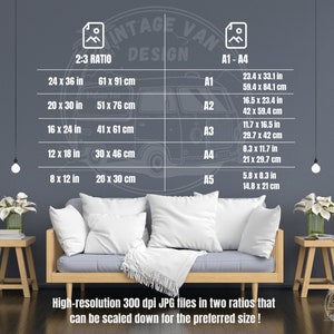 May include: A chart showing different sizes of digital prints in inches and centimeters. The chart is labeled "2:3 Ratio" and "A1-A4". The chart is on a gray wall with a couch and two side tables in the foreground.