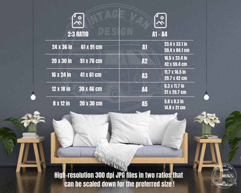 May include: A chart showing different sizes of digital prints in inches and centimeters. The chart is labeled "2:3 Ratio" and "A1-A4". The chart is on a gray wall with a couch and two side tables in the foreground.