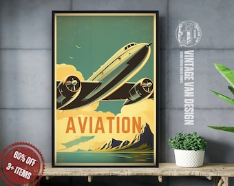 May include: A vintage style poster with a retro airplane flying over a body of water and mountains. The poster has the word "AVIATION" in large, bold letters.