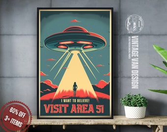 Retro UFO Poster – Area 51 Vintage Art Print (Digital Download)