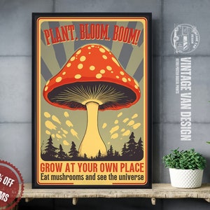 Groovy Mushrooms Vintage Anuncio Cartel I Funky Retro Mushroom Wall decoración I Digital Imprimible Arte Estética Seta Decoración de los años 70