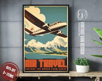May include: Vintage travel poster featuring a retro airplane flying over a mountain range and a lake. The poster has the text "Air Travel" and "Explore the World From Above".