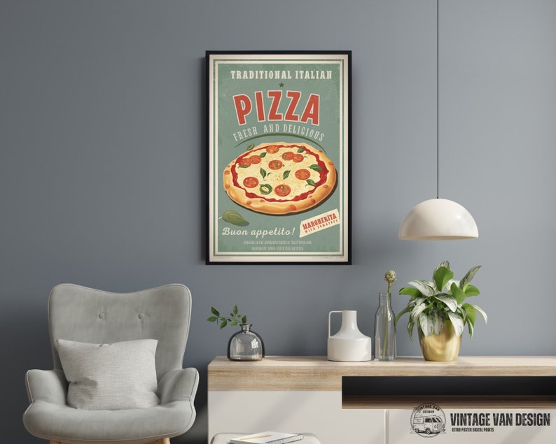 May include: A vintage-style poster advertising traditional Italian pizza. The poster features a colorful illustration of a Margherita pizza with a red star and the text "TRADITIONAL ITALIAN PIZZA FRESH AND DELICIOUS MARGHERITA WITH TOMATOES Buon appetito!"