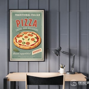 May include: A vintage style poster advertising traditional Italian pizza. The poster features a colorful illustration of a pizza with toppings, and the text "Traditional Italian Pizza, Fresh and Delicious, Buon appetito! Margherita with Tomatoes".