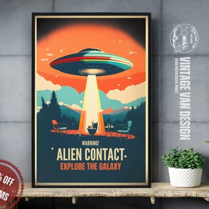 Alien Kontakt Vintage Werbung Poster Retro UFO digitale Kunst Druckbare Sofort-Download Wohnkultur Nostalgischer Weltraum-Druck - Bereich 51