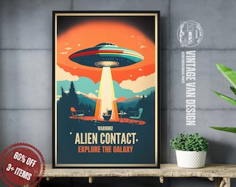 Retro UFO Poster: Alien Contact Digital Art Print (Digital Download)