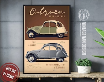 Könnte beinhalten: Ein Vintage-Poster mit einer Schwarzweißillustration eines Citroën Deux Chevaux. Das Poster trägt den Text "Citroën Deux Chevaux" oben und "Pour la fiabilité et l'économie" unten.