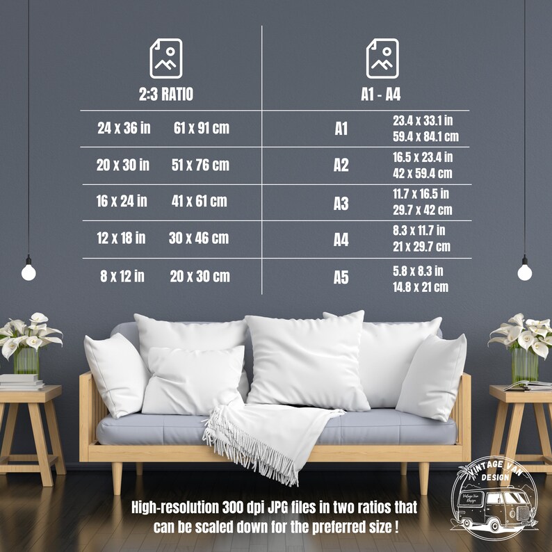 May include: A chart showing the different sizes of prints available in two ratios: 2:3 and A1-A4. The chart shows the dimensions in inches and centimeters. The text below the chart reads: "High-resolution 300 dpi JPG files in two ratios that can be scaled down for the preferred size!"