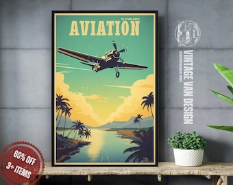 May include: A vintage travel poster with a retro design featuring a plane flying over a tropical island with palm trees and a body of water. The poster has the text "AVIATION" in large letters at the top.
