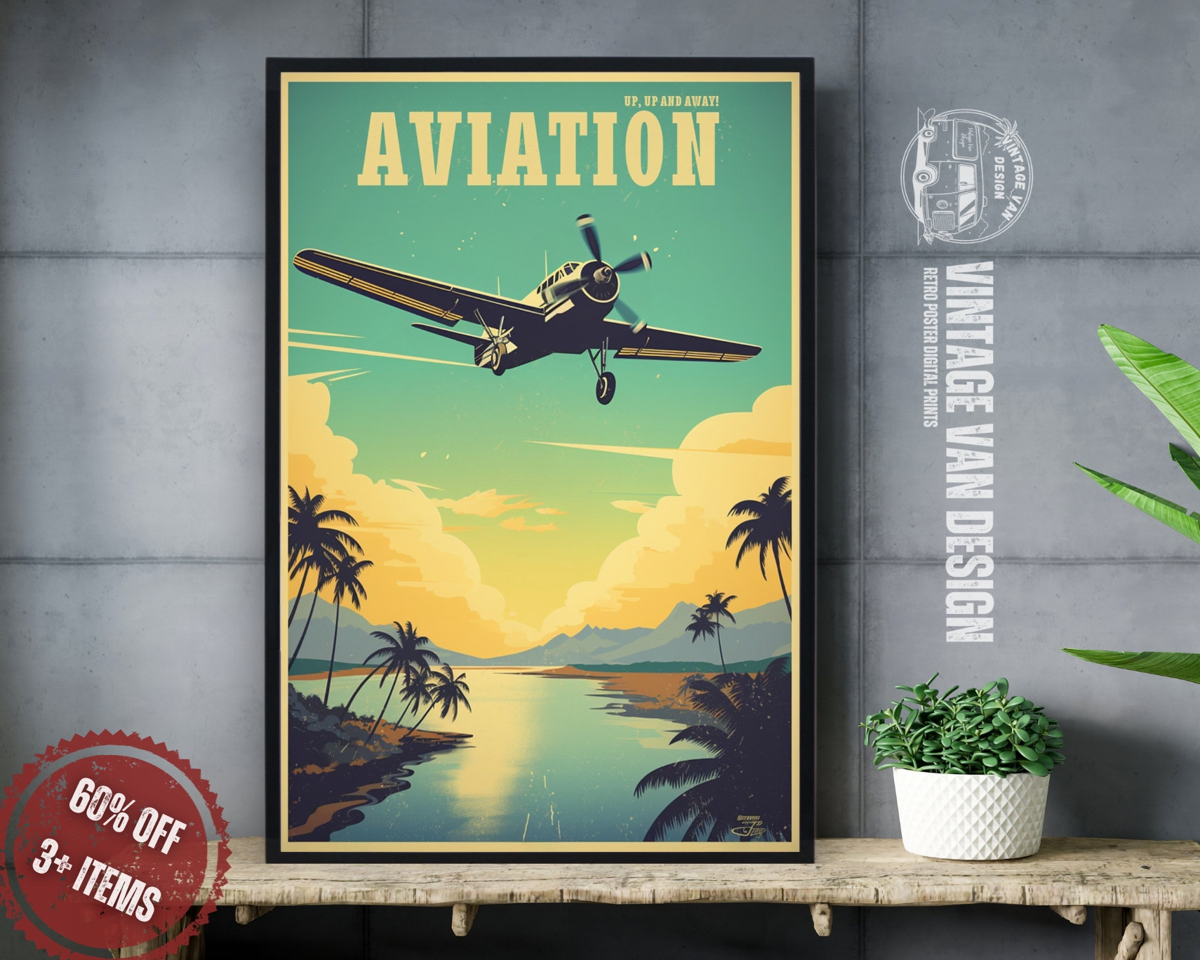Vintage Aviation Travel Poster: Retro Plane Print (digital