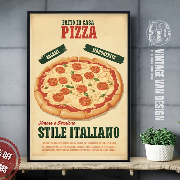 Vintage Italian Pizza Advertising Poster I Retro Italy Digital Art Print I Fast Food Kitchen Decor and Wall Art - Digital Printable Art