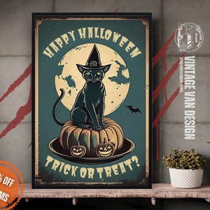 Vintage Halloween Poster, Retro Black Cat Art (Digital Download)
