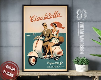 Vespa Vintage Advertisement Poster Retro Italian Travel Digital Art Printable Instant Download Home Decor Bar Italy  Nostalgic Scooter Print