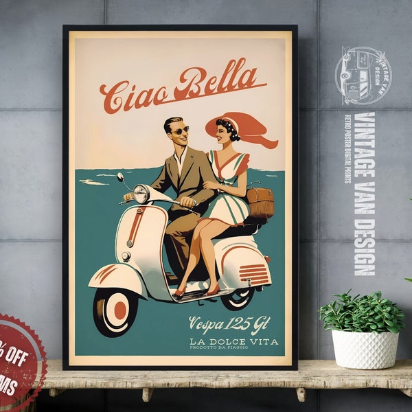 Vespa Vintage Advertisement Poster Retro Italian Travel Digital Art Printable Instant Download Home Decor Bar Italy  Nostalgic Scooter Print