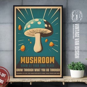 Groovy Mushrooms Vintage Anuncio Cartel I Funky Retro Mushroom Wall decoración I Digital Imprimible Arte Estética Seta Decoración de los años 70
