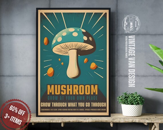 Retro Mushroom Advertisement Poster | 70s Funky Wall Art (digital 