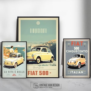 Fiat 500 Impresiones conjunto de 3 arte de pared imprimible I Vintage italiano Fiat 500, Cinquecento Retro Car Cartel digital I Cartel publicitario retro