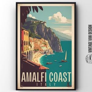 May include: A vintage travel poster featuring a colorful illustration of the Amalfi Coast in Italy. The poster features a view of the coastline with buildings, cliffs, and boats. The text "Amalfi Coast Italy" is printed in large, bold letters at the bottom of the poster.