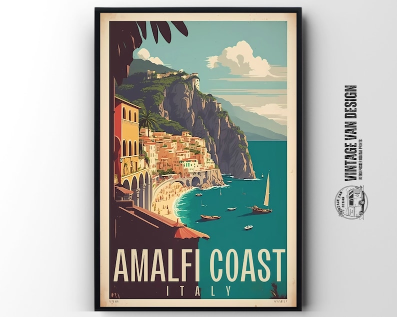 May include: A vintage travel poster featuring a colorful illustration of the Amalfi Coast in Italy. The poster features a view of the coastline with buildings, cliffs, and boats. The text "Amalfi Coast Italy" is printed in large, bold letters at the bottom of the poster.