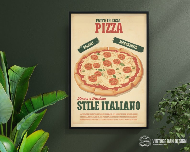 May include: A framed vintage-style pizza poster. The poster features a detailed illustration of a pizza with salami and margherita toppings. Text includes "FATTO IN CASA PIZZA" and "STILE ITALIANO". The poster is in a black frame.