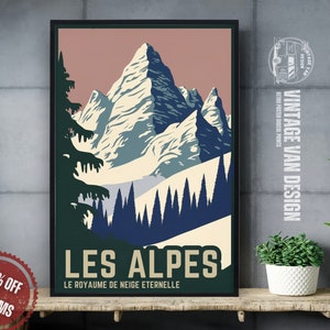 Cartel publicitario de los Alpes Vintage I Retro Mountain Travel Digital Art Print I Les Alpes Nature Decor Wall Art-Digital Imprimible Arte