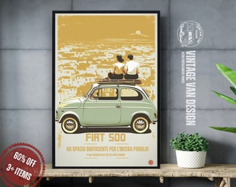 Fiat 500 Vintage Advertisement Poster Retro Italian Travel Digital Art Printable Instant Download Home Decor Bar Italy  Nostalgic Car Print