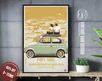 Fiat 500 Vintage Advertisement Poster Retro Italian Travel Digital Art Printable Instant Download Home Decor Bar Italy  Nostalgic Car Print