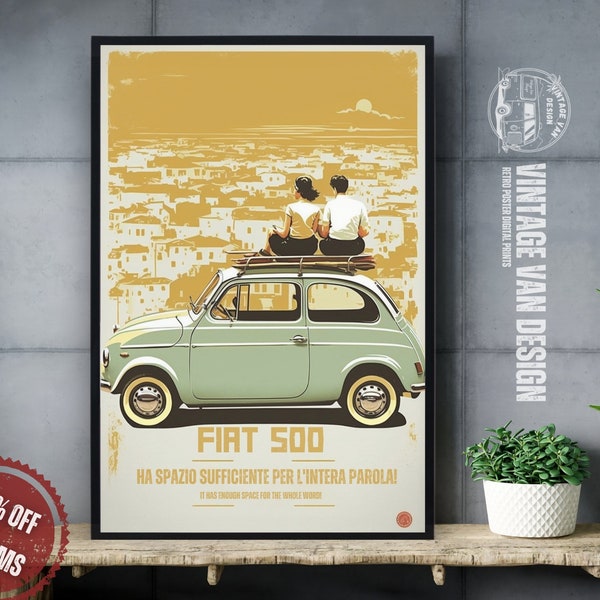 Fiat 500 Vintage Advertisement Poster Retro Italian Travel Digital Art Printable Instant Download Home Decor Bar Italy  Nostalgic Car Print