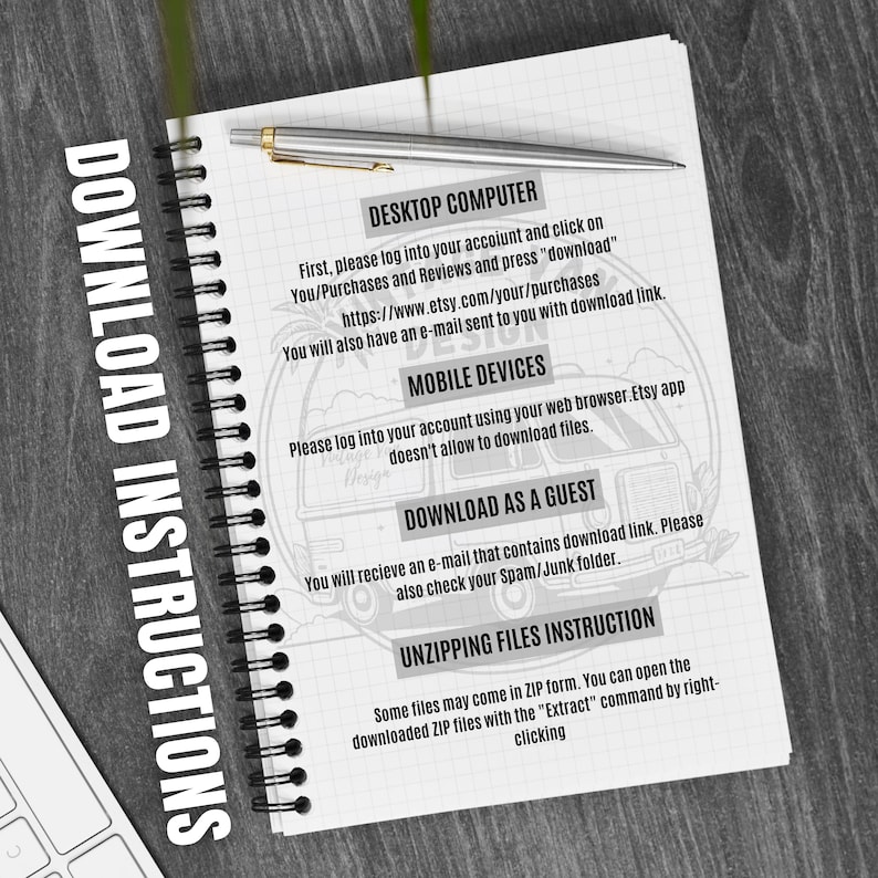 May include: A spiral-bound notebook with download instructions, a silver pen, and text detailing how to download files from Etsy on desktop and mobile devices. The notebook has a grid pattern and a vintage design.