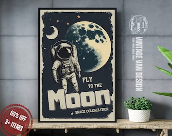 Retro Space Travel Poster: Fly to the Moon Vintage Print (Digital Download)