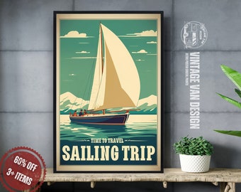 Retro zeilbootprint: vintage nautische reisposter (digitale download)