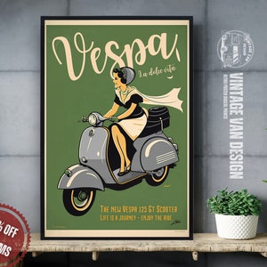 Vespa Vintage Advertisement Poster Retro Italian Travel Digital Art Printable Instant Download Home Decor Bar Italy  Nostalgic Scooter Print