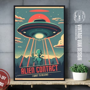 Alien Kontakt Vintage Werbung Poster Retro UFO digitale Kunst Druckbare Sofort-Download Wohnkultur Nostalgischer Weltraum-Druck - Bereich 51