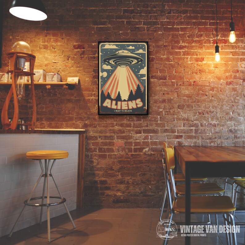 May include: A vintage-style poster with a retro color scheme featuring a UFO with red, white, and blue stripes. The poster has the text "ALIENS I WANT TO BELIEVE" in a bold, colorful font.