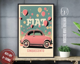 Könnte beinhalten: Ein Vintage-Poster mit einem rosafarbenen Fiat Cinquecento auf blauem und grünem Hintergrund. Das Poster ist von rosa und gelben Ballons umgeben. Der Text "FIAT CINQUECENTO" ist auf dem Poster gedruckt.