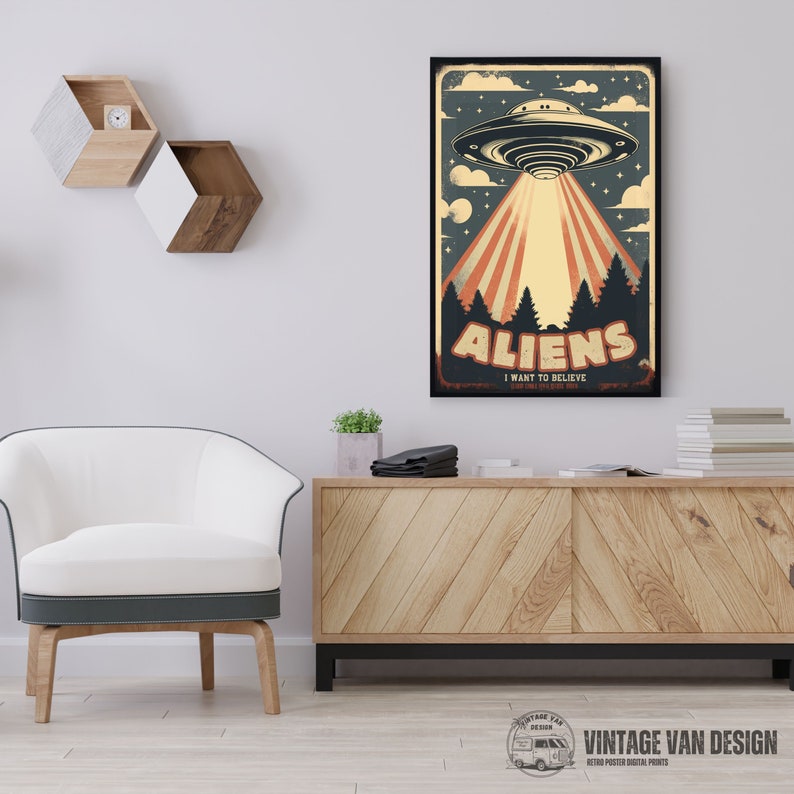 May include: A vintage style poster with a retro illustration of a flying saucer with beams of light shining down. The poster has the text "Aliens I Want To Believe" in a colorful font.