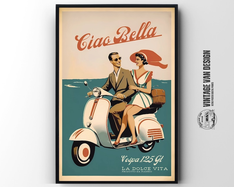 KUSTOM ART Affiche Murale Moto Scooter Drapeau Italien - Poster Décoratif 40x30 Cm Sans Cadre