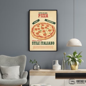 May include: A framed vintage-style pizza poster with the words "Pizza" and "Stile Italiano" in red and green. The poster features a detailed illustration of a pizza with salami and margherita toppings. The poster is displayed on a gray wall.