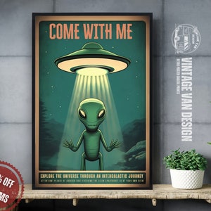 Alien Kontakt Vintage Werbung Poster Retro UFO digitale Kunst Druckbare Sofort-Download Wohnkultur Nostalgischer Weltraum-Druck - Bereich 51